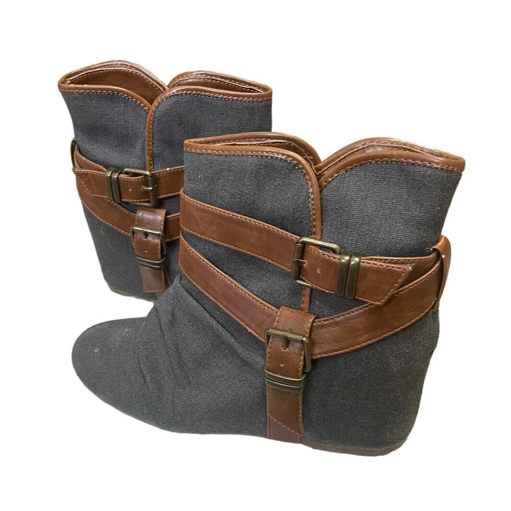 Aldo Women's Harness Ankle Boots Sz 10 Gray Denim Chic Y2K Hidden Wedges Booties